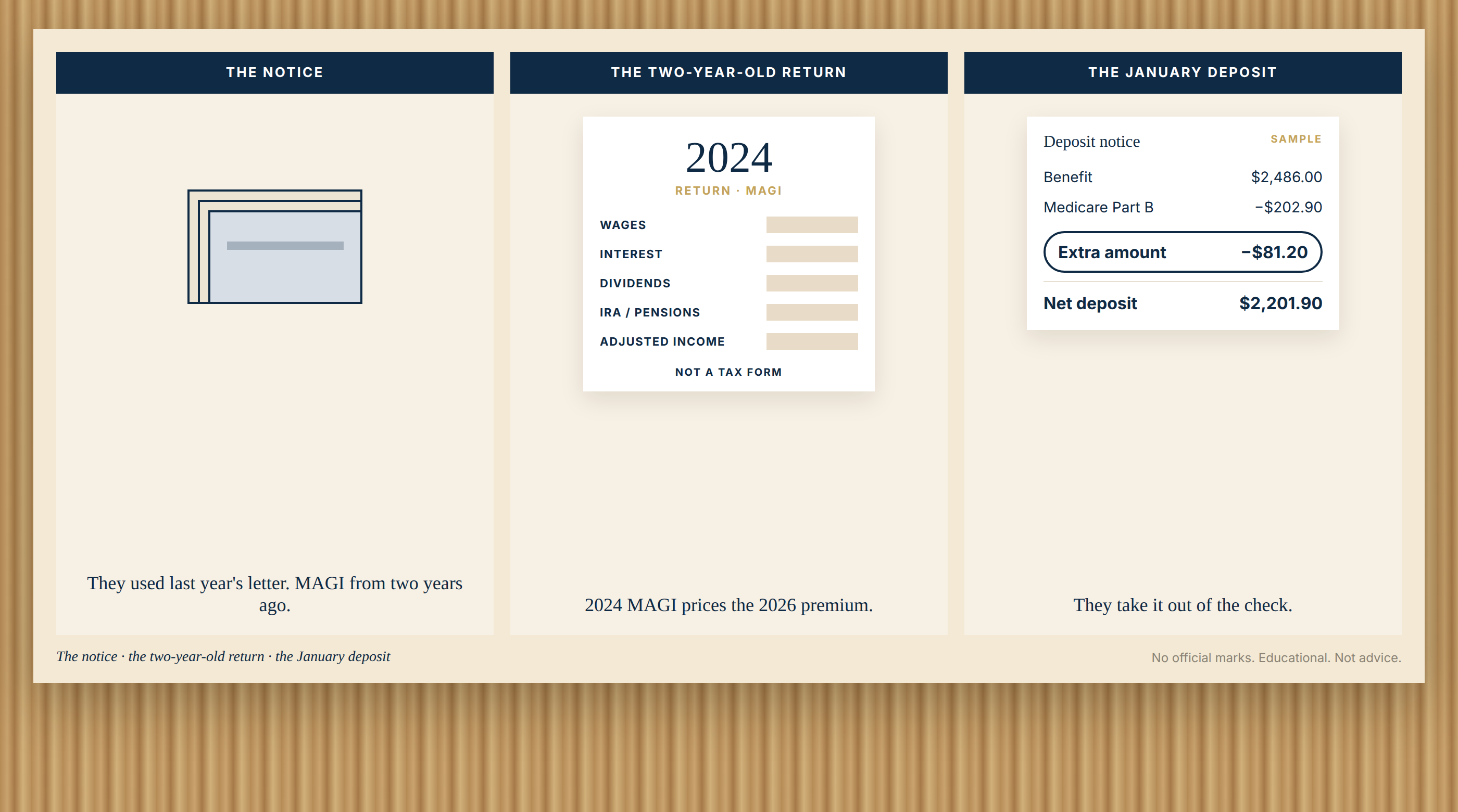 Diagram: last year's tax return, two-year delay, Medicare premium taken from Social Security.